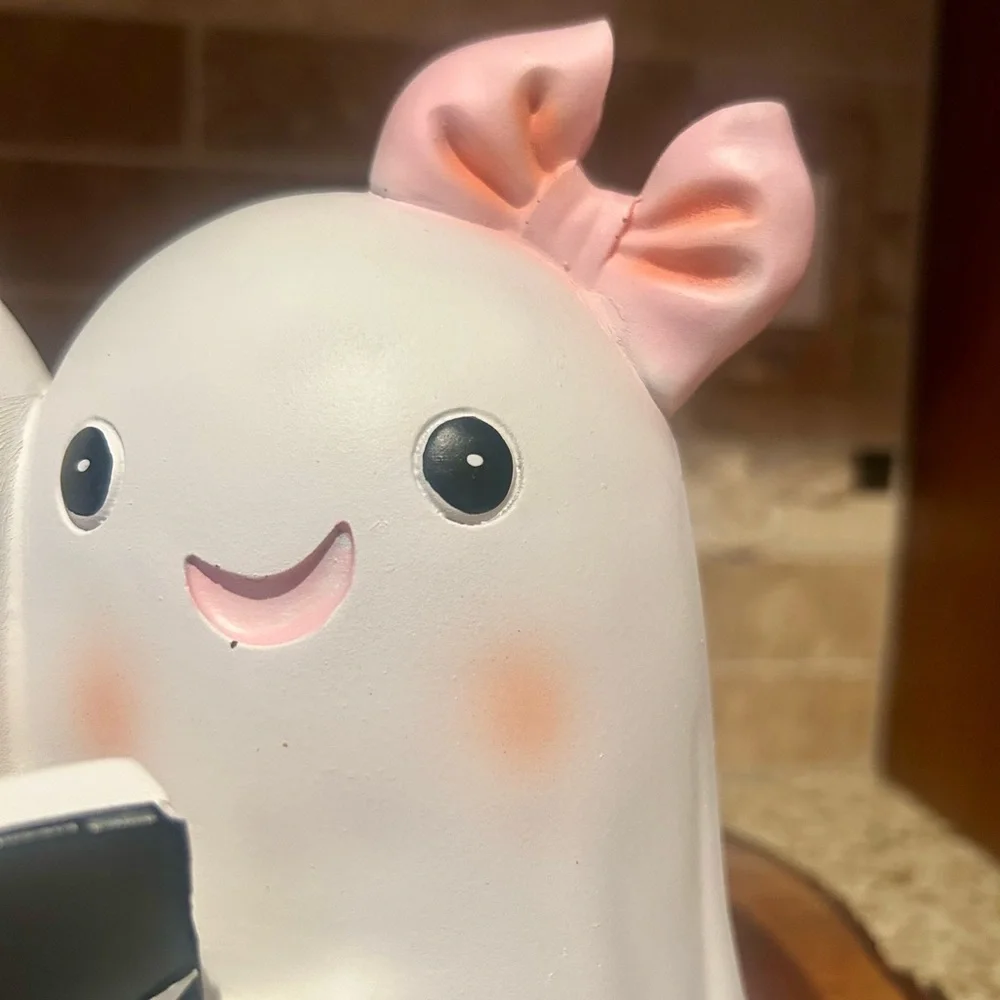 Ghost Twin Girls with Pink Bow Trick or Treat Book Ghost Halloween Decor